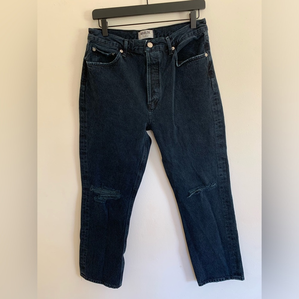 AGOLDE Riley Jeans Distressed Knees Dark Blue High Rise